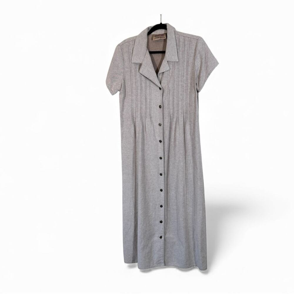 Vintage Beige Pleated Button Down Midi Dress Womens M Casual 90s Preppy Fall